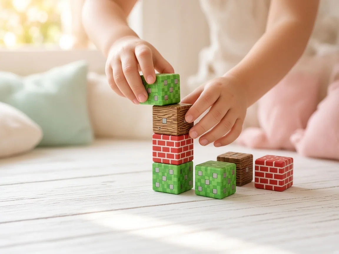 A child stacking textured magnetic building cubes on a white table