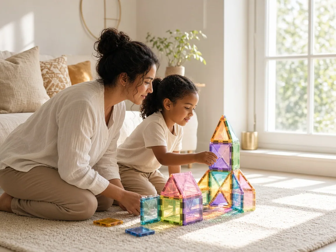 A parent and child building a translucent magnetic tile rocket by a sunny window