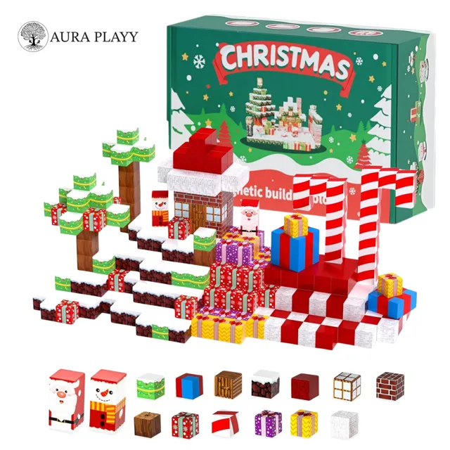 AURA PLAYY Magnetic Building Blocks – Christmas Holiday Village, 60-piece set